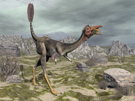 Mononykus dinosaur eating a lizard gecko walking in the desert next to tamaris trees - 3D render