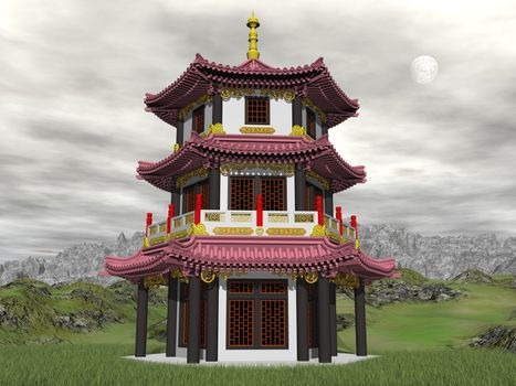 Pagoda in nature by sunset with full moon - 3D render