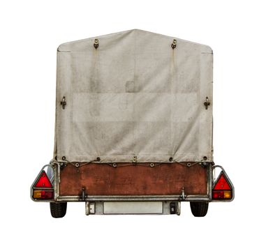 Rear Of Towed Car Trailer With Canvas Tarp For Your Text On White Background