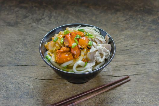 Korean hot spicy noodles with kimchi and seafood