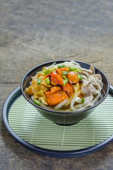 Korean hot spicy noodles with kimchi and seafood