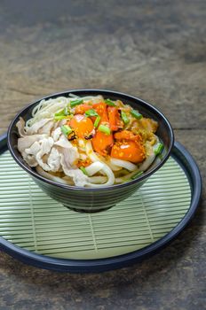 Korean hot spicy noodles with kimchi and seafood