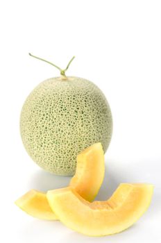 freshly cut cantaloupe melon on white background