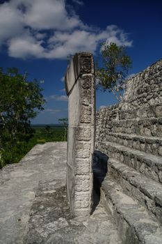 Stone tiles on the steps of the pyramid at Calakmul, Mexico