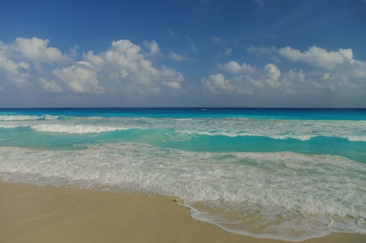 Waves on the coast of the Caribbean Sea, Mexico. Riviera Maya