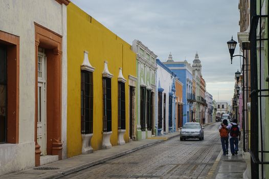 CAMPECHE, MEXICO -  01 january 2010: downtown street with typical colonial buildings in Campeche, Mexico.