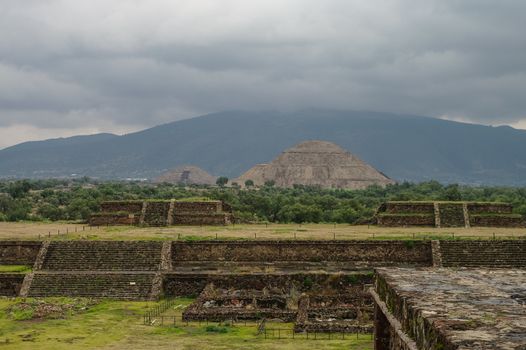 View of the pyramid,stage in the foreground,  Teotihuacan site, Mexico