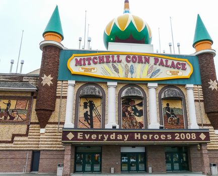 Mitchell, South Dakota, USA - May 10, 2008: Exterior of  famous "The World's Only Corn Palace" known widely for its walls covered with corn.