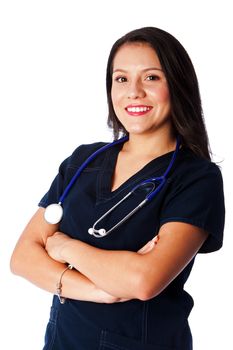 Happy smiling health care female nurse in medical profession with arms crossed and stethoscope, on white.