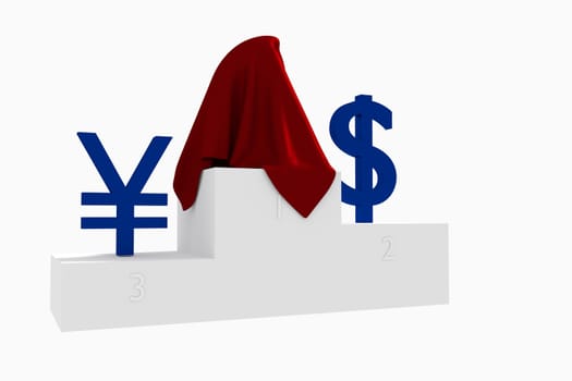 Hidden currency winner blue Dollar and Yen under red cloth 3D rendered illustration