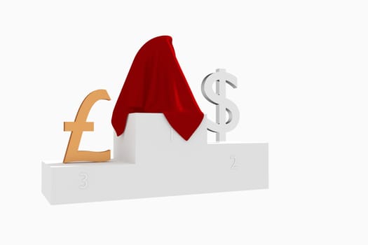 Hidden currency winner colored Dollar and Pound under red cloth 3D rendered illustration