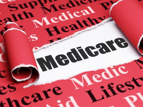Medicine concept: black text Medicare under the curled piece of Red torn paper with  Tag Cloud, 3D rendering