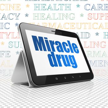 Health concept: Tablet Computer with  blue text Miracle Drug on display,  Tag Cloud background, 3D rendering