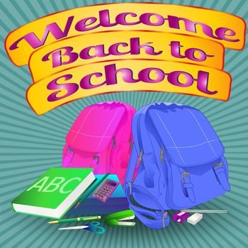 banner with text welcome back to school, backpacks, school items