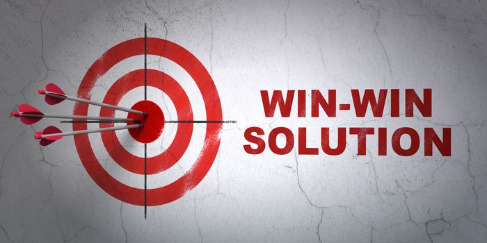 Success business concept: arrows hitting the center of target, Red Win-win Solution on wall background, 3D rendering