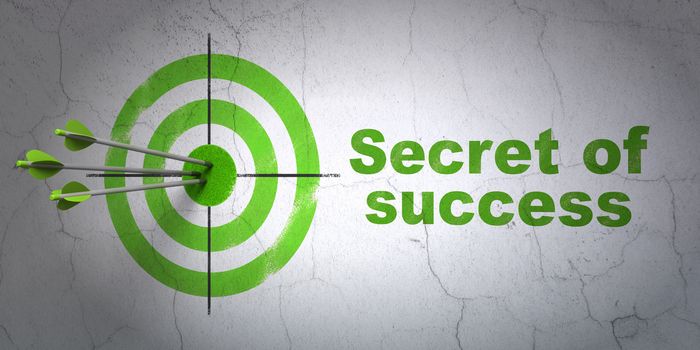 Success finance concept: arrows hitting the center of target, Green Secret of Success on wall background, 3D rendering