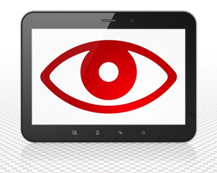 Protection concept: Tablet Pc Computer with red Eye icon on display, 3D rendering