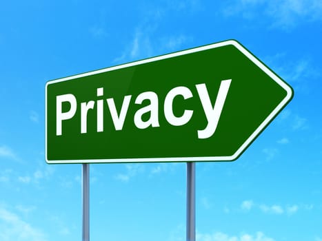 Protection concept: Privacy on green road highway sign, clear blue sky background, 3D rendering