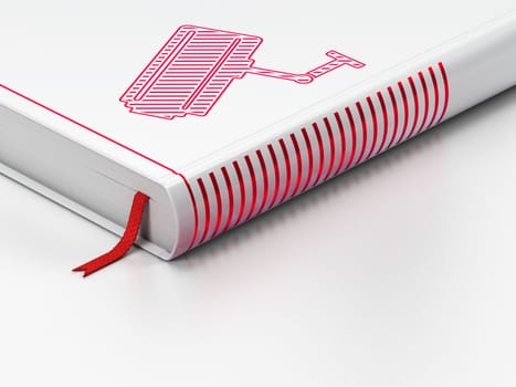 Protection concept: closed book with Red Cctv Camera icon on floor, white background, 3D rendering