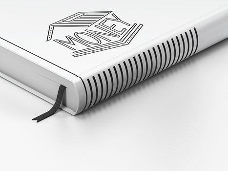 Money concept: closed book with Black Money Box icon on floor, white background, 3D rendering