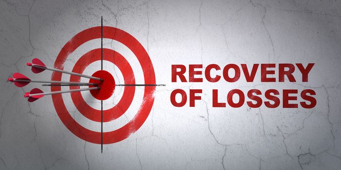 Success currency concept: arrows hitting the center of target, Red Recovery Of losses on wall background, 3D rendering