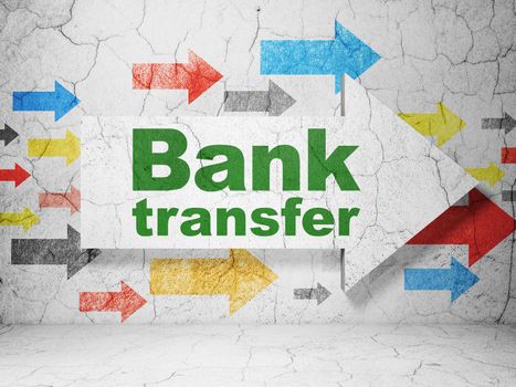 Banking concept:  arrow with Bank Transfer on grunge textured concrete wall background, 3D rendering