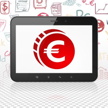 Money concept: Tablet Computer with  red Euro Coin icon on display,  Hand Drawn Finance Icons background, 3D rendering