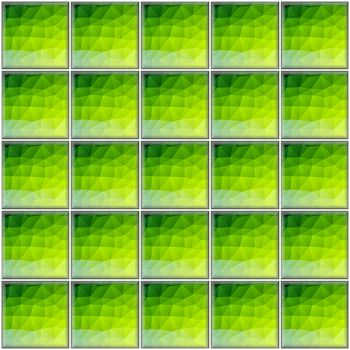 Square green tiles with polygonal decor with white joints.