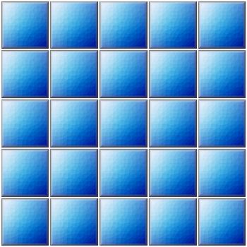 Square blue tiles with polygonal decor with white joints.