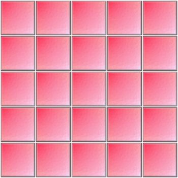 Square pink tiles with polygonal decor with white joints.