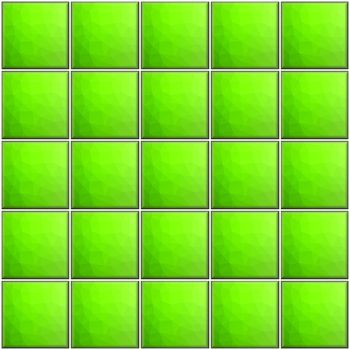 Square green tiles with polygonal decor with white joints.