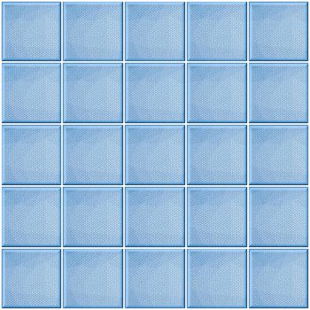 Square blue tiles with polygonal decor with white joints.