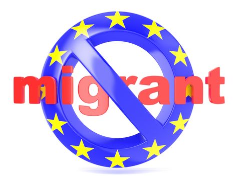 Forbidden sign with EU flag an migrant. Migrant crisis concept. 3D render illustration isolated on a white background