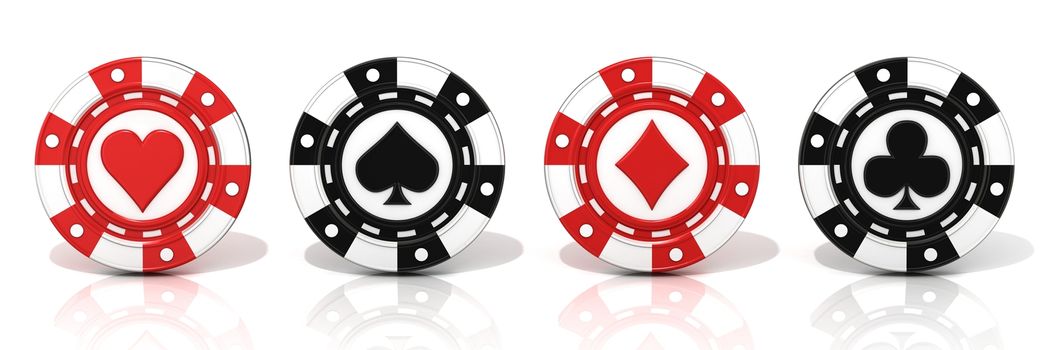 Set of standing gambling poker chips, with spade, heart diamond and club sign on it. 3D render Isolated on white background