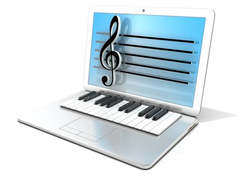 Laptop with piano keyboard. 3D rendering - concept of computer, digitally generated music. Isolated on white background