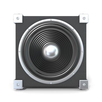 Black audio speaker. 3D render illustration isolated on white background. Front view.