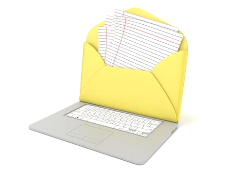 Open envelope and blank lined paper on laptop. Side view. 3D render illustration isolated on white background