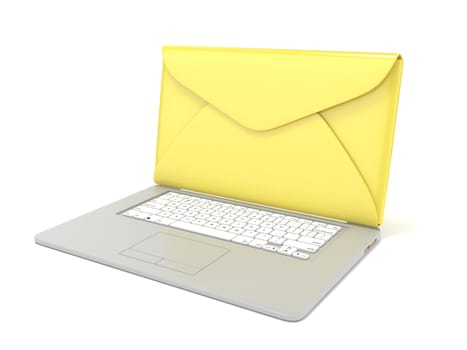 Closed envelope on laptop. Side view. 3D render illustration isolated on white background