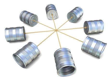 Tin can phones connected to each other. 3D render illustration isolated on white background