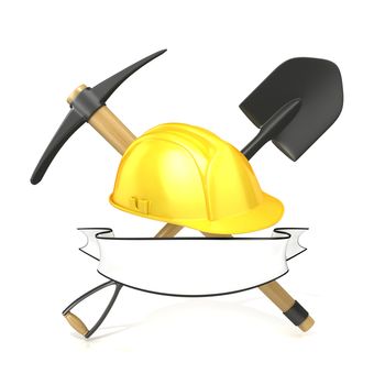 Mining tools, shovel, pickaxe and safety helmet, with blank white ribbon. 3D render illustration, isolated on white background