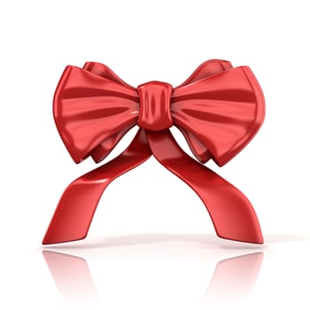 Red ribbon bow with tails, 3D render isolated on white background. Round edge