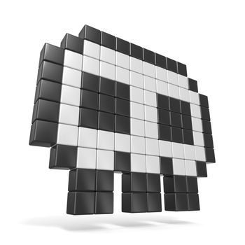 Pixelated 8bit skull icon. Side view. 3D render illustration isolated on white background
