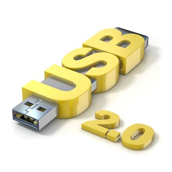 USB flash memory 2.0, made with the word USB. 3D render illustration isolated on white background