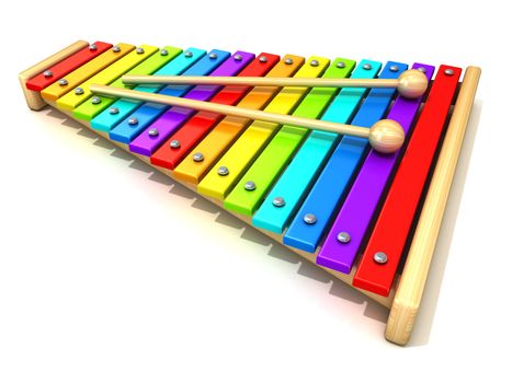 Xylophone with rainbow colored keys and with two wood drum sticks. 3D render isolated on white background. Wooden toy. Percussion instrument. Music art creation concept