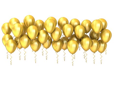 Golden party balloons row, isolated on white background