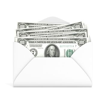 Dollars in envelope. Front view. 3D render illustration isolated on white background