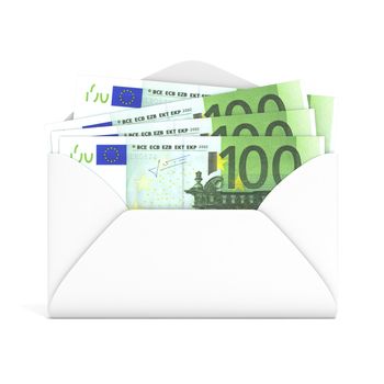 Euros in envelope. Front view. 3D render illustration isolated on white background