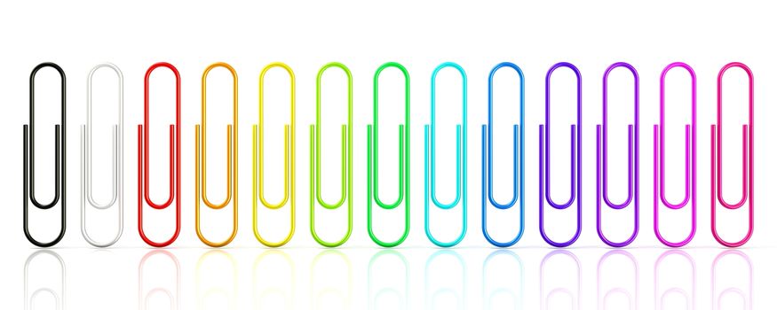 Colorful collection of paper clips isolated on white background. Rendered Illustration.