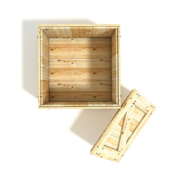 Opened wooden crate. Top view. 3D render illustration isolated on a white background