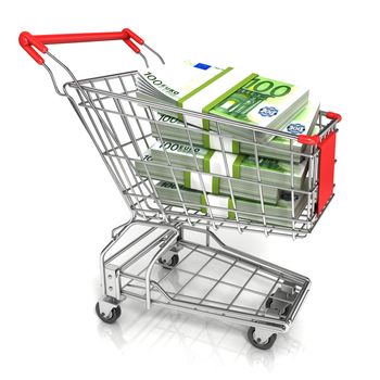 Money, euro cash banknote, in trolley shopping cart. 3D rendering isolated on white background